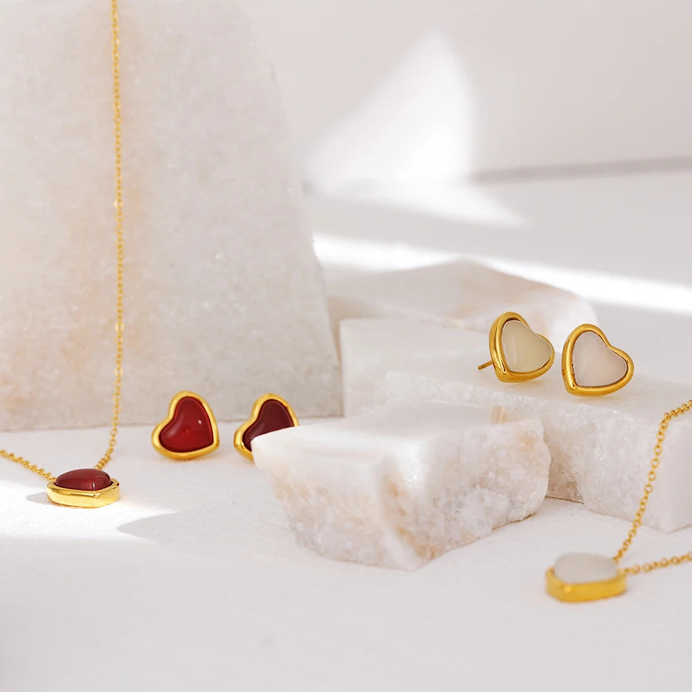 Yhpup Collier avec Pendentif Cœur en Acier Inoxydable Bijoux Tempérament Pierre Naturelle Agate Ras du Cou Collier Femme брелок Cadeau