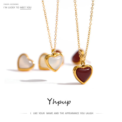 Yhpup Collier avec Pendentif Cœur en Acier Inoxydable Bijoux Tempérament Pierre Naturelle Agate Ras du Cou Collier Femme брелок Cadeau