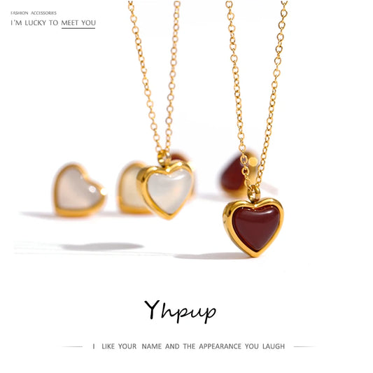 Yhpup Collier avec Pendentif Cœur en Acier Inoxydable Bijoux Tempérament Pierre Naturelle Agate Ras du Cou Collier Femme брелок Cadeau