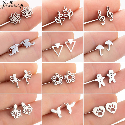 Boucles d'oreilles multiples en acier inoxydable, bijoux fantaisie, petites boucles d'oreilles animal, feuille de musique, fée, colibri, cadeau
