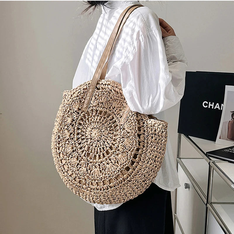 Sac à bandoulière d'été rond en paille tressé pour femme, sac de plage de grande capacité, creux et simple
