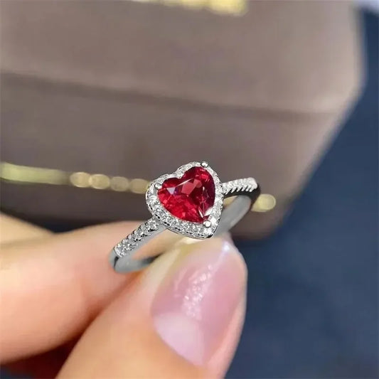 Bagues de fiançailles classiques en forme de cœur argenté pour femmes, incrustées de pierres CZ blanches et rouges, bijoux de mode, cadeau de fête de mariage