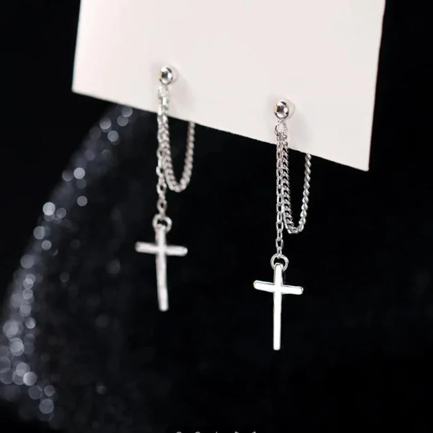 2 pièces Punk couleur argent croix boucles d'oreilles pendantes pour femmes hommes gothique Hip Hop Long gland boucles d'oreilles bijoux cadeau Bijoux