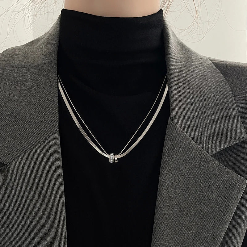 Trendy Stainless Steel Double Layer Necklace for Women Fashion Crystal Bead Pendant Necklaces Clavicle Chain Party Jewelry
