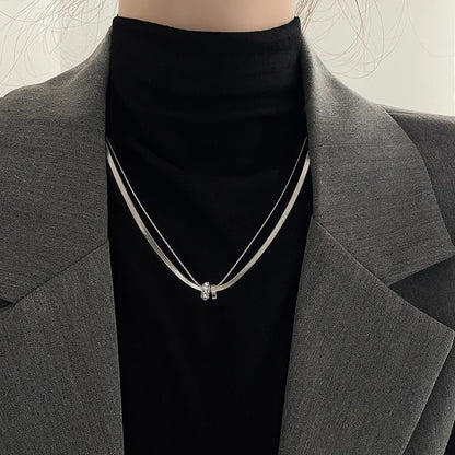 Trendy Stainless Steel Double Layer Necklace for Women Fashion Crystal Bead Pendant Necklaces Clavicle Chain Party Jewelry