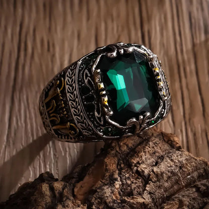 Bague de luxe pour hommes, bague de personnalité rétro dominatrice avec pierre verte, à porter pour un banquet, une fête, un bijou quotidien.