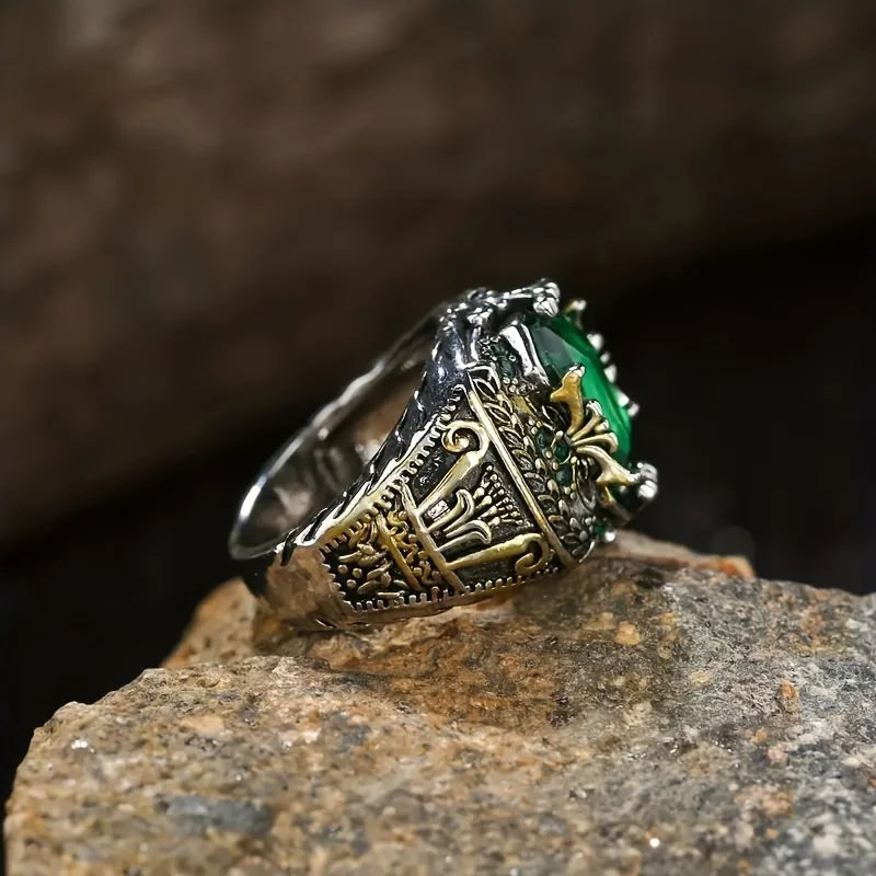 Bague de luxe pour hommes, bague de personnalité rétro dominatrice avec pierre verte, à porter pour un banquet, une fête, un bijou quotidien.