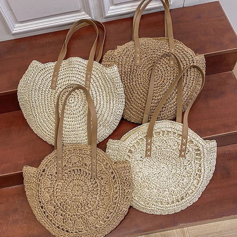 Sac à bandoulière d'été rond en paille tressé pour femme, sac de plage de grande capacité, creux et simple
