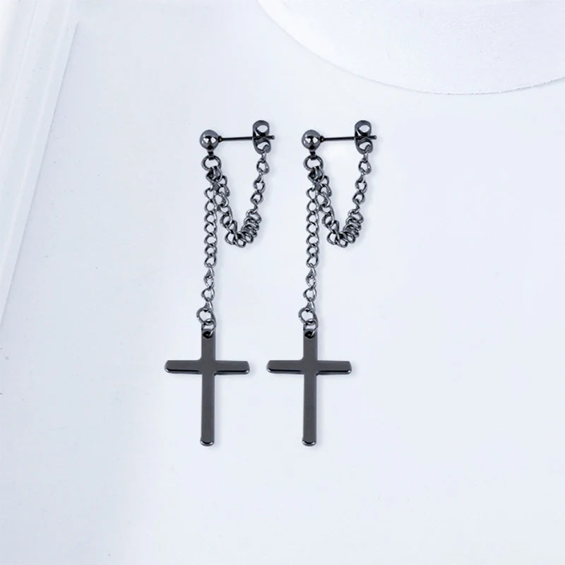 2 pièces Punk couleur argent croix boucles d'oreilles pendantes pour femmes hommes gothique Hip Hop Long gland boucles d'oreilles bijoux cadeau Bijoux