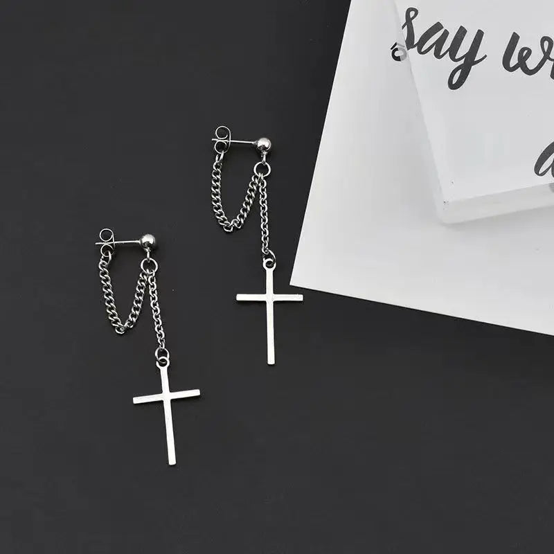2 pièces Punk couleur argent croix boucles d'oreilles pendantes pour femmes hommes gothique Hip Hop Long gland boucles d'oreilles bijoux cadeau Bijoux