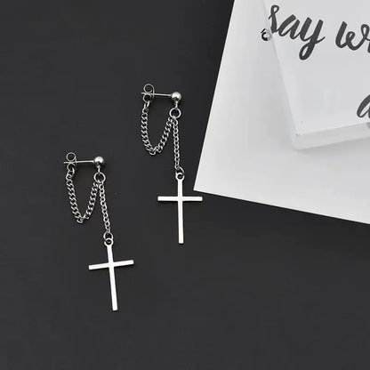 2 pièces Punk couleur argent croix boucles d'oreilles pendantes pour femmes hommes gothique Hip Hop Long gland boucles d'oreilles bijoux cadeau Bijoux