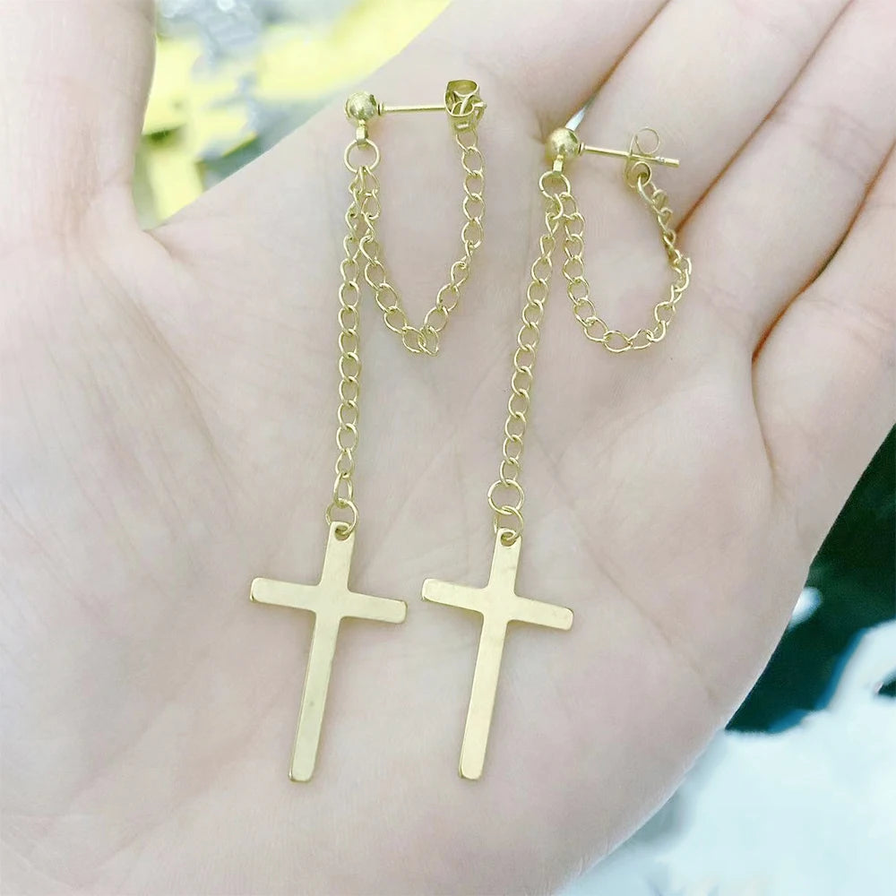 2 pièces Punk couleur argent croix boucles d'oreilles pendantes pour femmes hommes gothique Hip Hop Long gland boucles d'oreilles bijoux cadeau Bijoux
