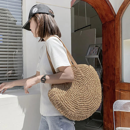 Sac à bandoulière d'été rond en paille tressé pour femme, sac de plage de grande capacité, creux et simple