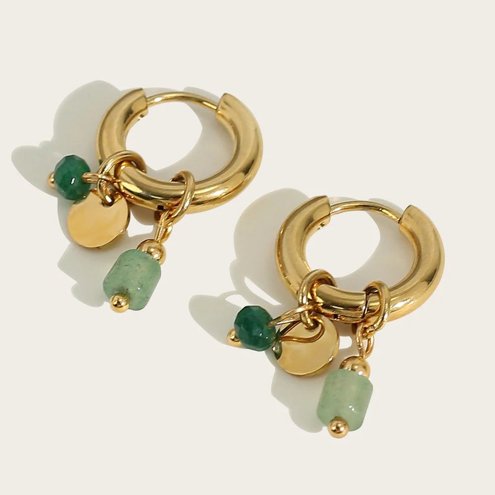 YACHAN 18K Gold Plated Stainless Steel Hoop Earrings for Women Vintage Green Natural Stone Charms Trendy Waterproof Jewelry