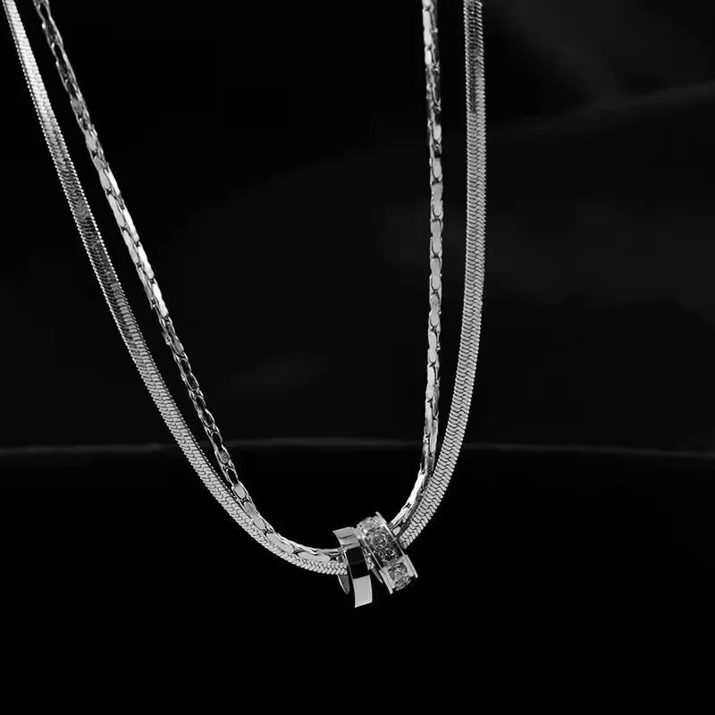 Trendy Stainless Steel Double Layer Necklace for Women Fashion Crystal Bead Pendant Necklaces Clavicle Chain Party Jewelry