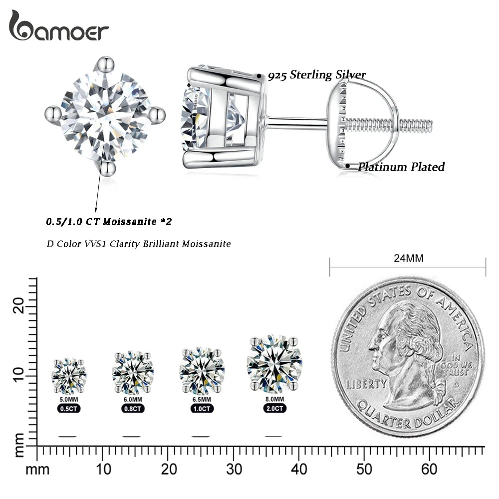 BAMOER Boucles d'oreilles 4 griffes en Moissanite pour femmes, argent sterling 925 massif, diamant de laboratoire 2 carats VVS1, bijoux de mariage classiques étincelants