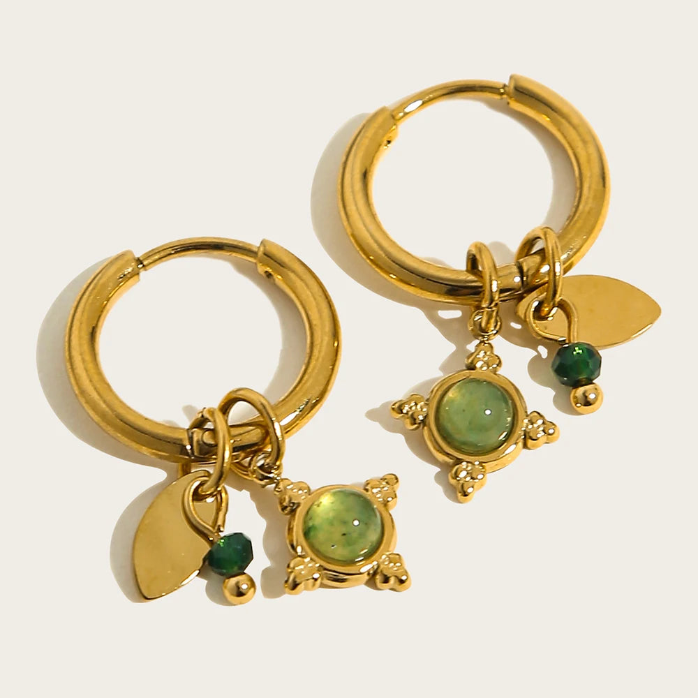 YACHAN 18K Gold Plated Stainless Steel Hoop Earrings for Women Vintage Green Natural Stone Charms Trendy Waterproof Jewelry