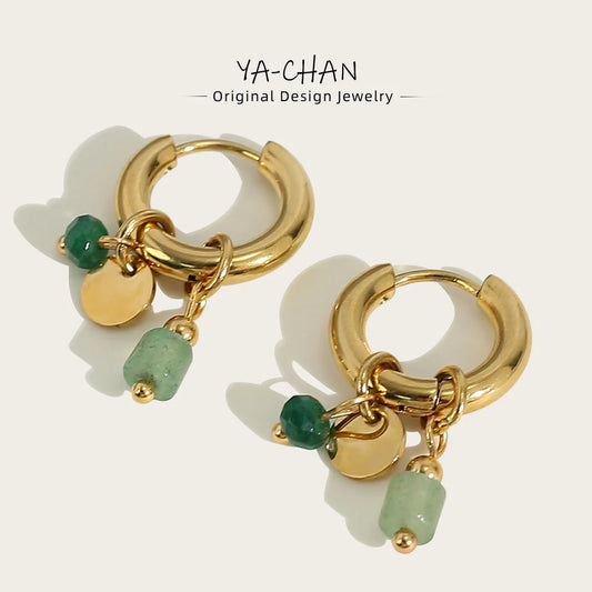 YACHAN Boucles d'oreilles créoles en acier inoxydable plaqué or 18 carats pour femmes Breloques vintage en pierre naturelle verte Bijoux tendance imperméables
