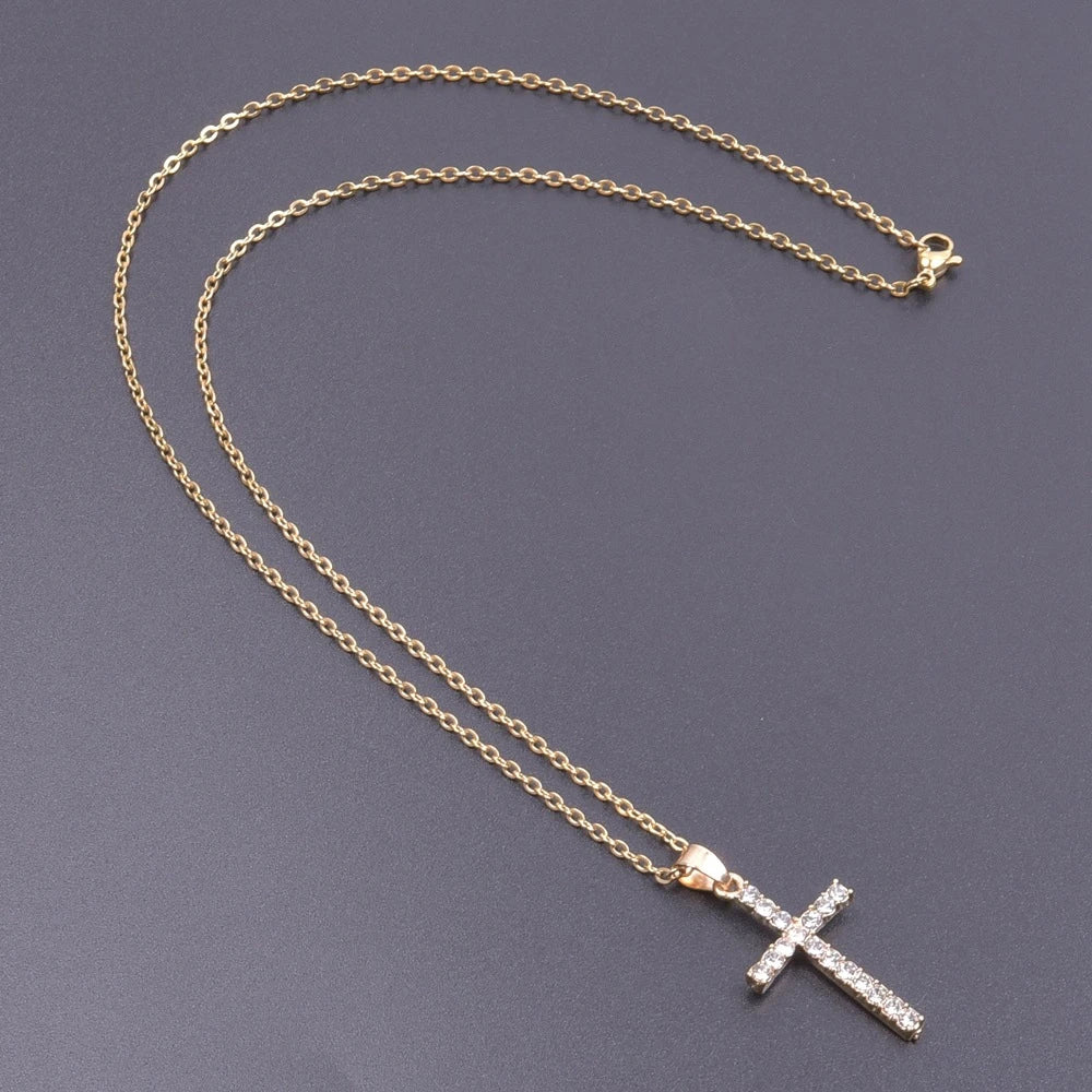 Women Necklace Jewelry Chain Fashion Cross With Rhinestone Pendant Necklace Stainless Steel Choke Ring Women Accessories New