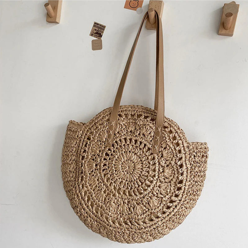 Sac à bandoulière d'été rond en paille tressé pour femme, sac de plage de grande capacité, creux et simple