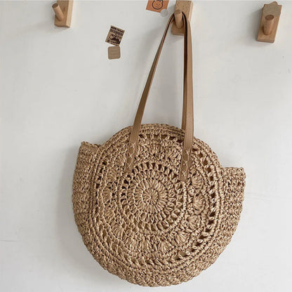 Sac à bandoulière d'été rond en paille tressé pour femme, sac de plage de grande capacité, creux et simple