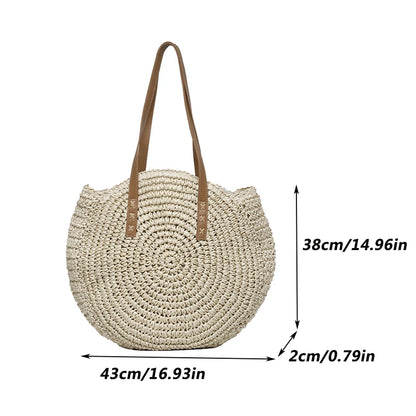 Sac à bandoulière d'été rond en paille tressé pour femme, sac de plage de grande capacité, creux et simple
