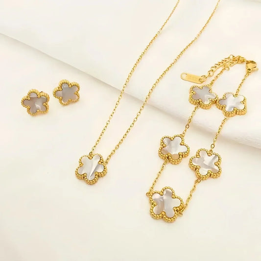 3PCS Luxury Plum Blossom Jewelry Set - Five Leaf Flower Necklace Earrings Bracelet Combo for Ladies Elegant Fashion Accessory