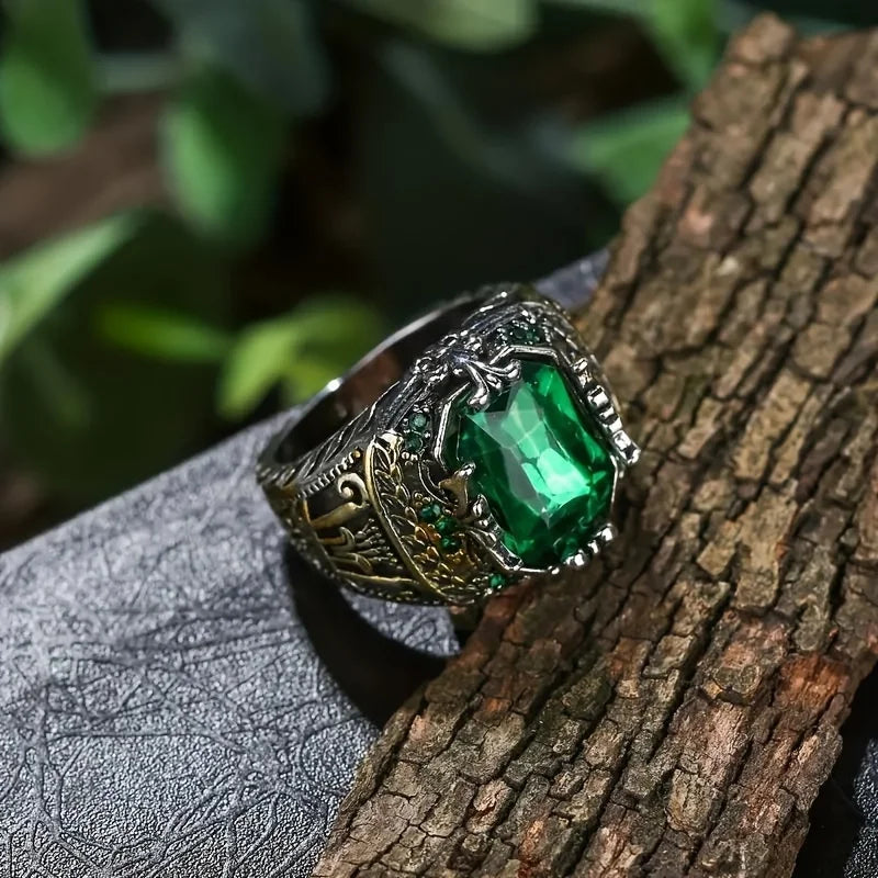 Bague de luxe pour hommes, bague de personnalité rétro dominatrice avec pierre verte, à porter pour un banquet, une fête, un bijou quotidien.