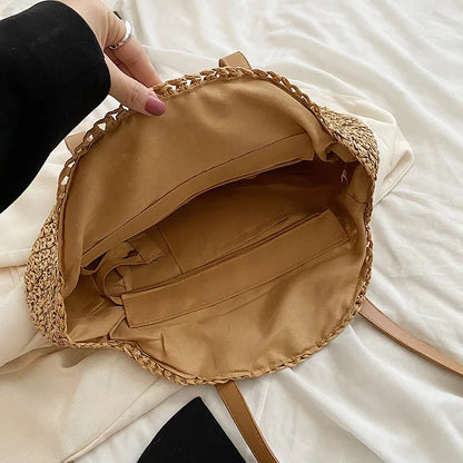 Sac à bandoulière d'été rond en paille tressé pour femme, sac de plage de grande capacité, creux et simple