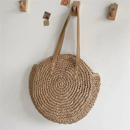 Sac à bandoulière d'été rond en paille tressé pour femme, sac de plage de grande capacité, creux et simple