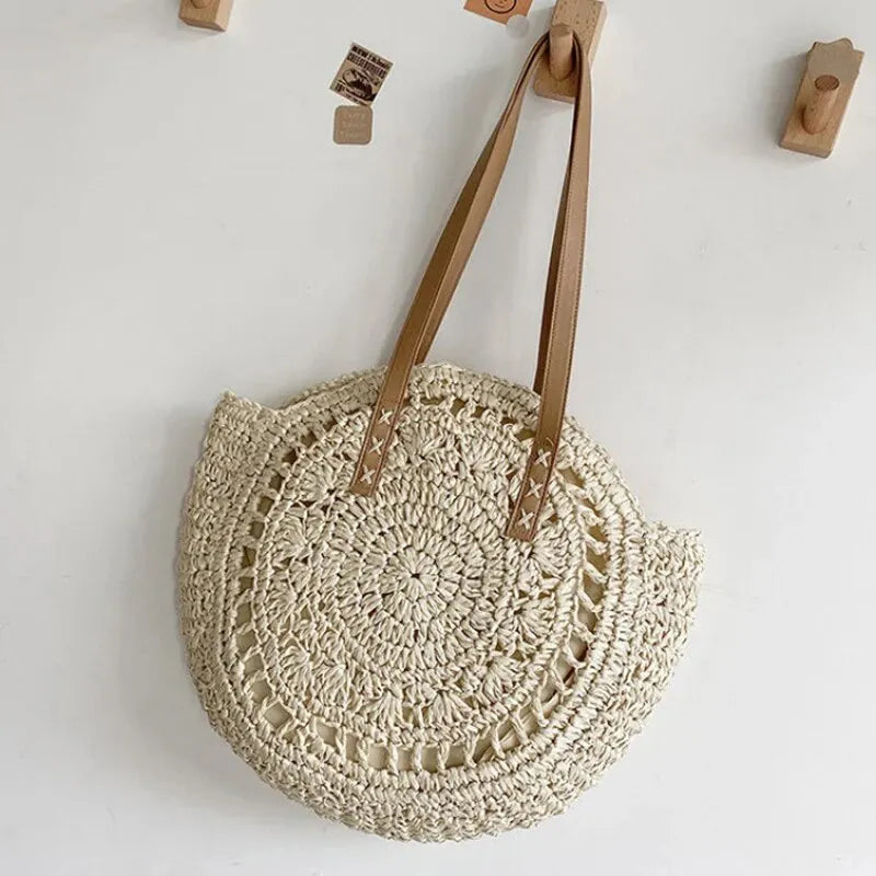 Sac à bandoulière d'été rond en paille tressé pour femme, sac de plage de grande capacité, creux et simple