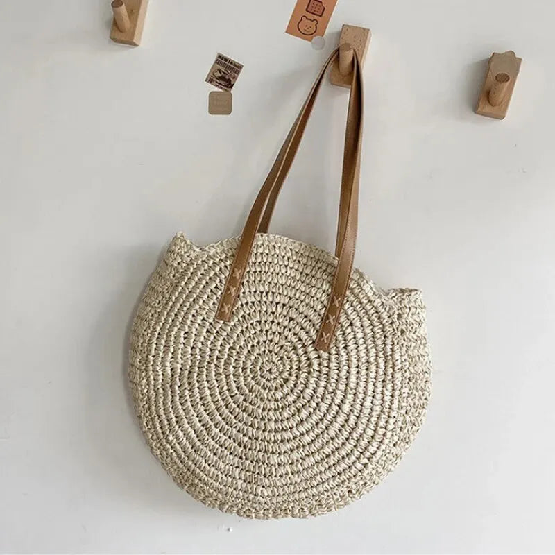 Sac à bandoulière d'été rond en paille tressé pour femme, sac de plage de grande capacité, creux et simple