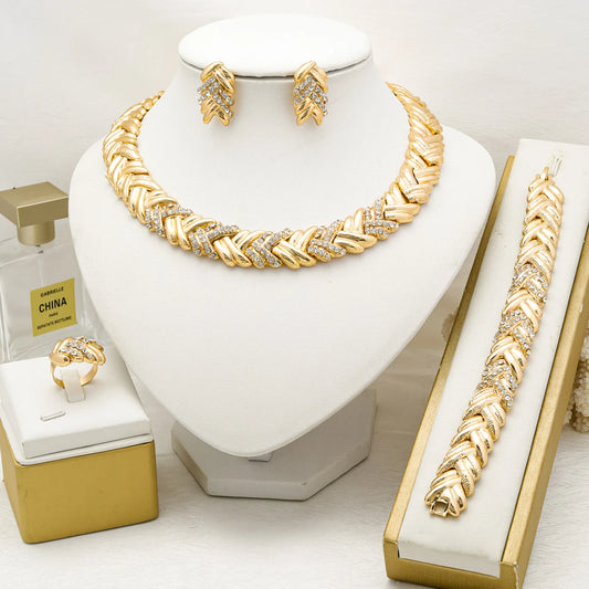 Parure de bijoux Dubai pour femme, plaquée or 18 carats, collier, boucles d'oreilles, bracelet et bague, ensemble de bijoux de luxe tendance pour mariage et soirée