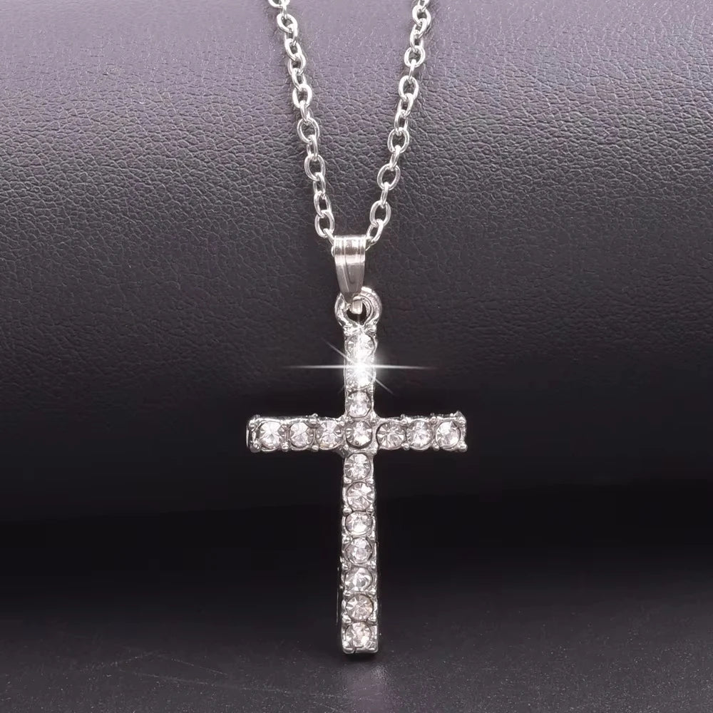 Women Necklace Jewelry Chain Fashion Cross With Rhinestone Pendant Necklace Stainless Steel Choke Ring Women Accessories New
