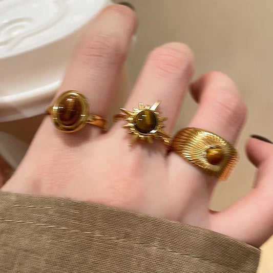 Vintage Brown Stone Rings for Women Girls Sun Irregular Gold Color Aesthetic Ring Fine Jewelry Fashion Party Accessories Gifts