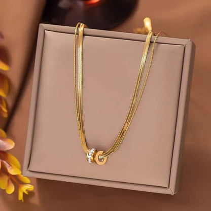 Trendy Stainless Steel Double Layer Necklace for Women Fashion Crystal Bead Pendant Necklaces Clavicle Chain Party Jewelry