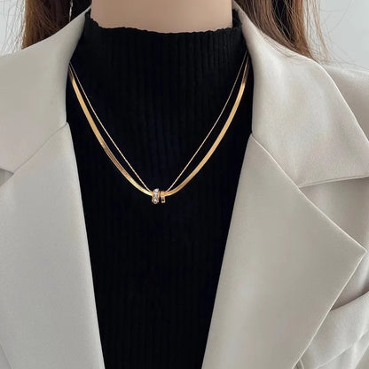 Trendy Stainless Steel Double Layer Necklace for Women Fashion Crystal Bead Pendant Necklaces Clavicle Chain Party Jewelry