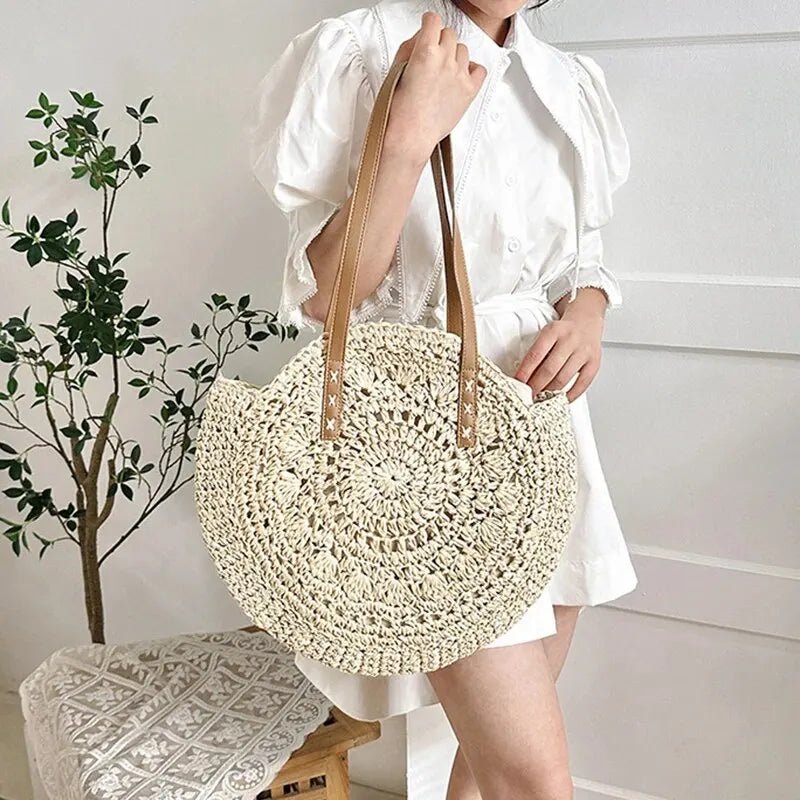 Sac à bandoulière d'été rond en paille tressé pour femme, sac de plage de grande capacité, creux et simple