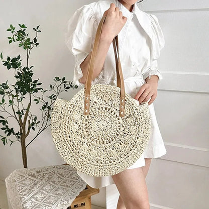 Sac à bandoulière d'été rond en paille tressé pour femme, sac de plage de grande capacité, creux et simple